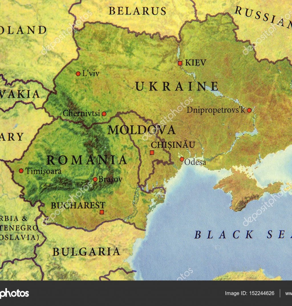 Geographic map of European country Ukraine, Moldova and Romania